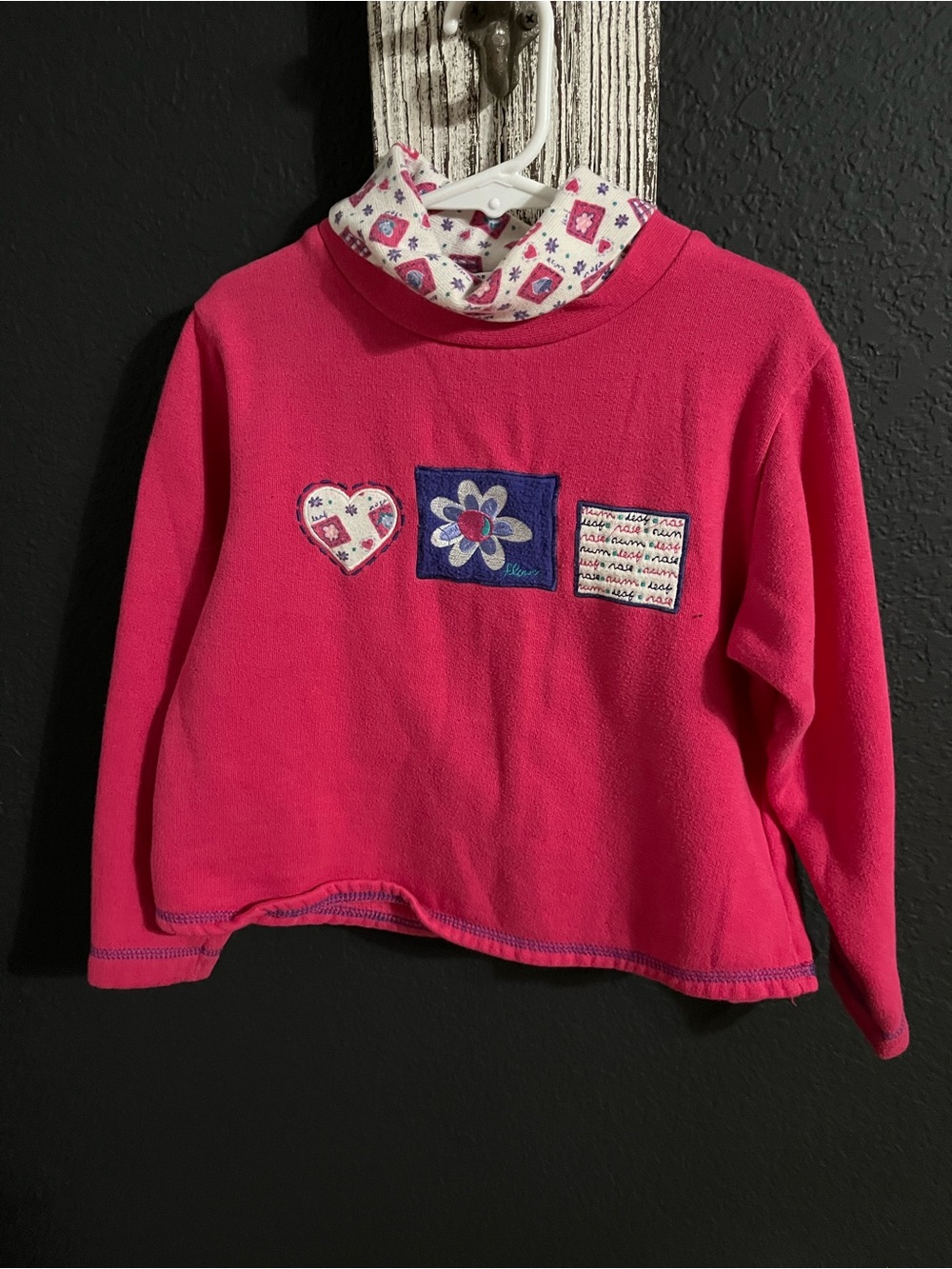 VINTAGE Girls Hot Pink Fleece Pullover with Patterned Mock Neck